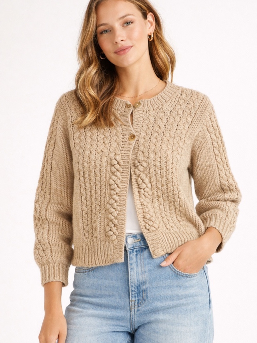 Vintage Y2K American Eagle Cable Knit Cardigan Cream Chunky Button Front